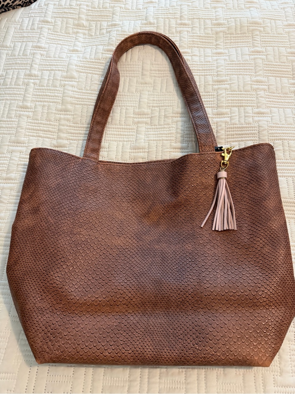 Brown Textured Tote Bag with Tassel